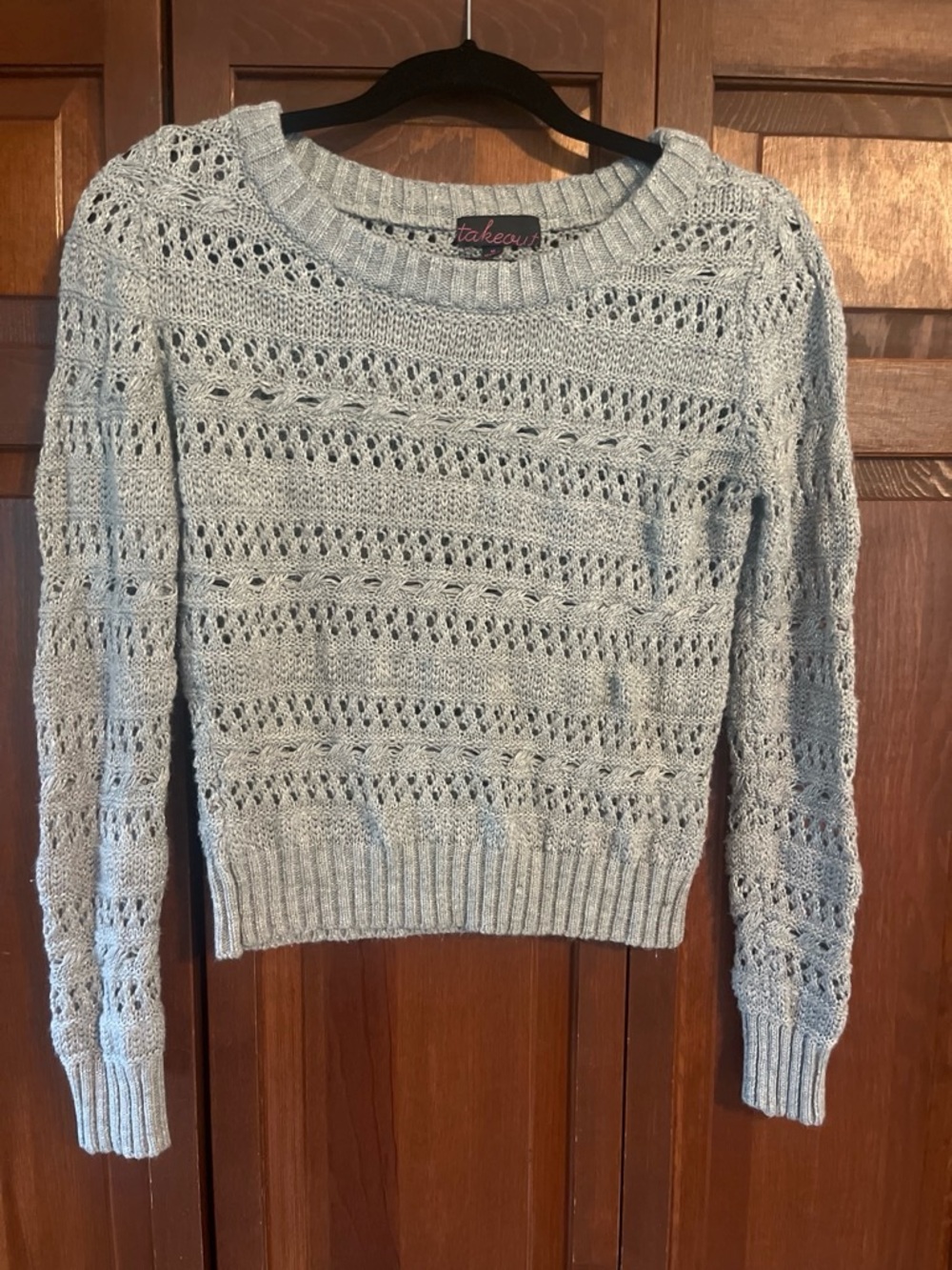 Takeout Light Gray and Metallic Open-Work Crewneck Sweater